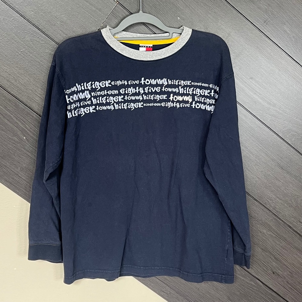 Vintage Tommy Hilfiger 1985 Graffiti Logo Long‎ Sleeve Shirt Navy XL EUC